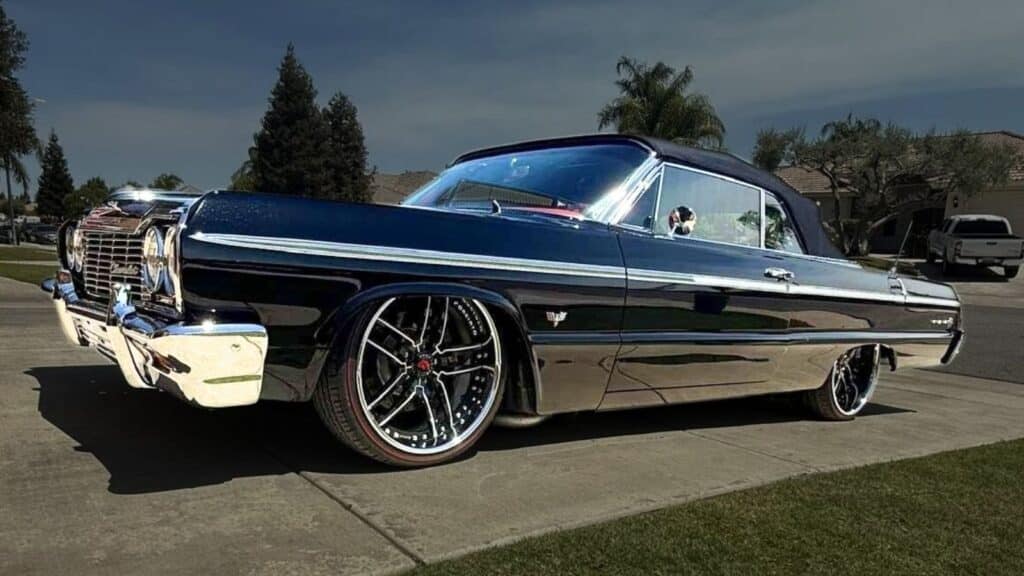 Stolen 1964 Chevrolet Impala SS Convertible, VIN 41467C164173, License 9FVL585. Black exterior with custom wheels, Bakersfield, CA.