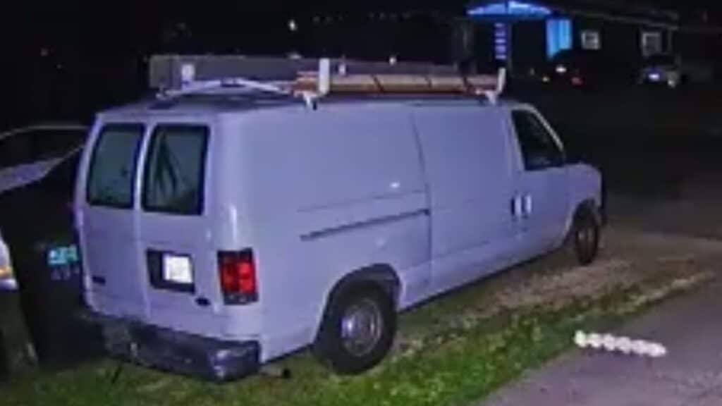 Stolen white 2003 Ford E-150 Econoline work van, VIN 1FTRE14263HA34637, License 7B45788. Features a ladder rack. Stolen in Carmichael, CA.