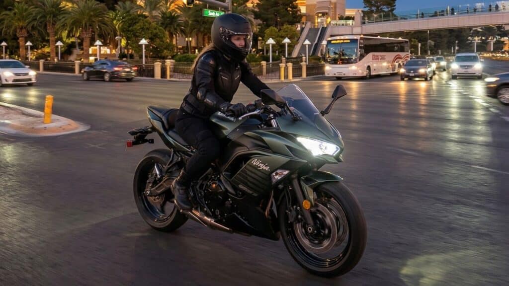 Stolen matte green 2025 Kawasaki 650 motorcycle, VIN ML5EXEP14SDAF2779. Features a small scratch on the right side over the logo. Stolen in Las Vegas, NV.
