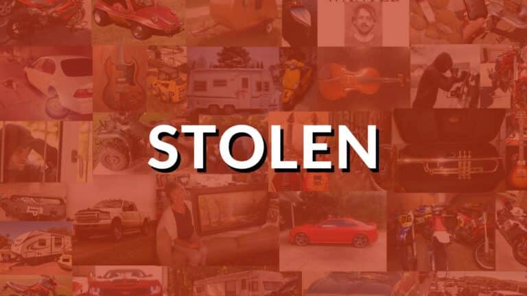 Bold white "STOLEN" text overlaid on a red-tinted collage of past property theft cases, indicating a stolen item report on Stolen 911.