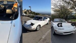 White 1996 Mazda Miata track car project with a driver's side Hello Kitty decal and front fender damage, stolen in Berkeley, CA. VIN JM1NA3539T0707707