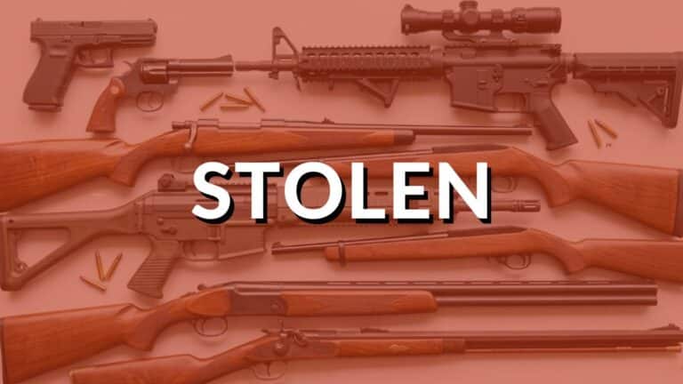 A monochrome, red-orange filtered image displaying a diverse collection of various modern and classic firearms, including handguns, tactical rifles with optics, and traditional hunting rifles with wood stocks, with large, bold white text overlaid centered in the image reading "STOLEN".