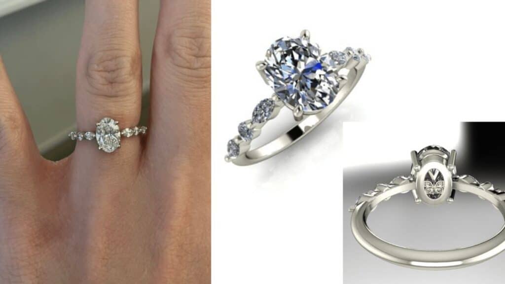 Stolen custom Forge Jewelry Works 14kt white gold engagement ring featuring an oval lab-grown diamond and a metal butterfly design underneath the setting., Close-up of the stolen Forge Jewelry Works white gold engagement ring reported missing in Provo, Utah.