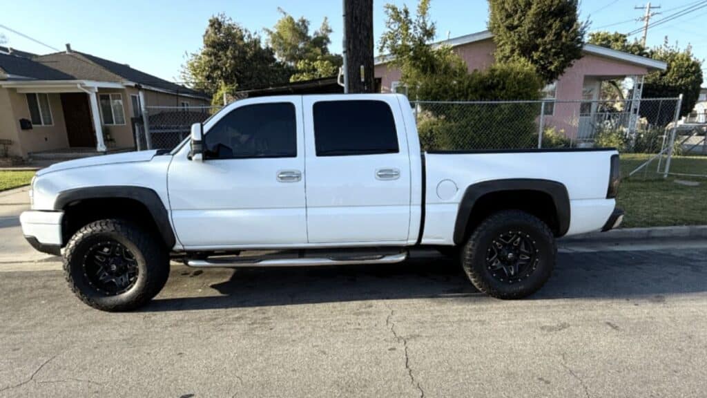 Stolen Chevrolet Silverado Truck (VIN #2GCEC13T951387863) in Bellflower, CA." and "Close-up profile of the stolen Chevrolet Silverado missing from Bellflower, CA.