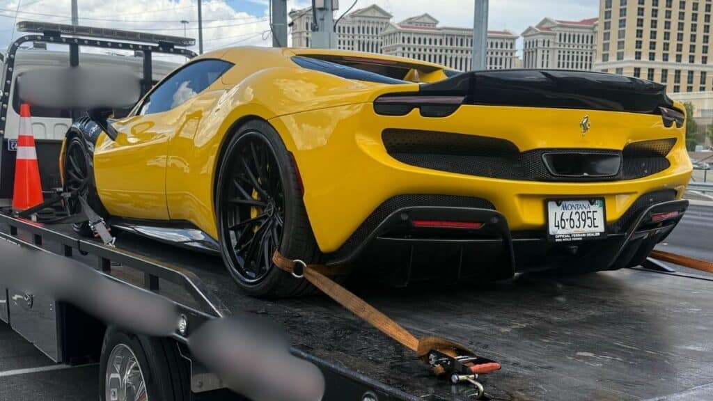 Stolen 2024 Ferrari 296 GTS (VIN #ZFF01SMA5R0304161) missing after an auto transport load board scam." and "Profile of the stolen 2024 Ferrari 296 GTS displaying Montana plate 466395E.