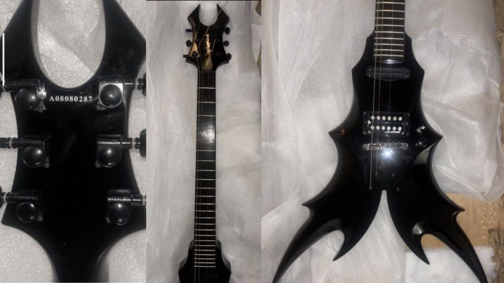 Stolen 2008 B.C. Rich Neck Through Draco Black V Guitar (Serial #A08080287) involved in eBay return scam in Coolidge, AZ." and "Close-up of the B.C. Rich Draco Black V electric guitar missing from an online marketplace fraud case.