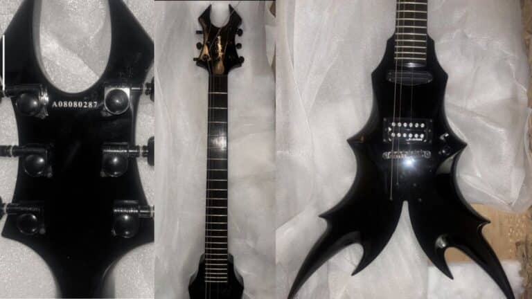 Stolen 2008 B.C. Rich Neck Through Draco Black V Guitar (Serial #A08080287) involved in eBay return scam in Coolidge, AZ." and "Close-up of the B.C. Rich Draco Black V electric guitar missing from an online marketplace fraud case.