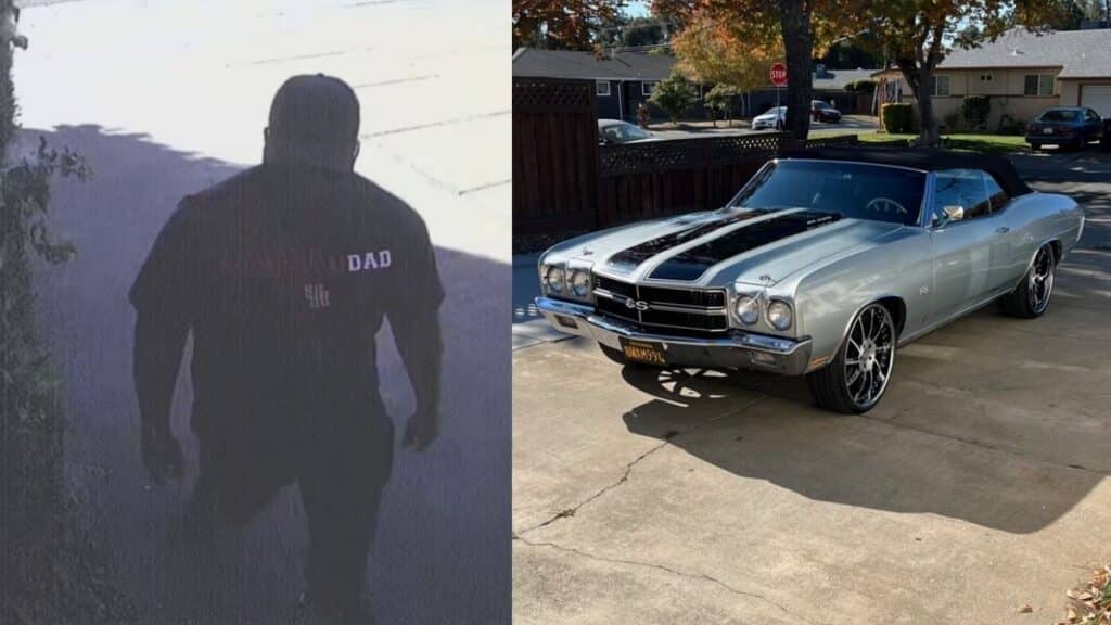 The suspect wearing a Dad shirt stealing a Gray and silver 1970 Chevrolet Chevelle SS 454 convertible with black rally stripes.