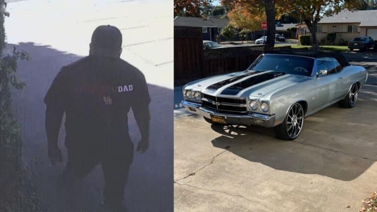 The suspect wearing a Dad shirt stealing a Gray and silver 1970 Chevrolet Chevelle SS 454 convertible with black rally stripes.