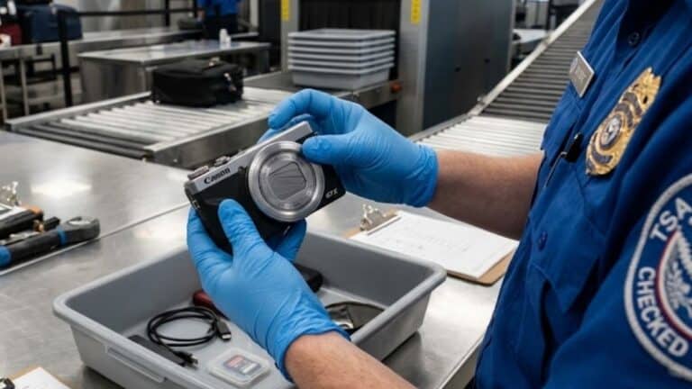 Black and silver Canon PowerShot G7 X Mark III camera being handled by a TSA inspector.
