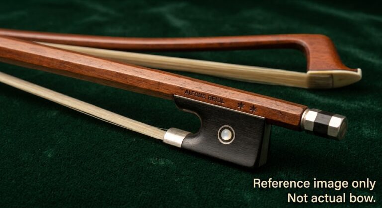 Stolen vintage Alfons Reidl 2-star viola bow missing from Cabot, Arkansas." and "Close-up details of the dark octagonal Alfons Reidl Master Model viola bow.