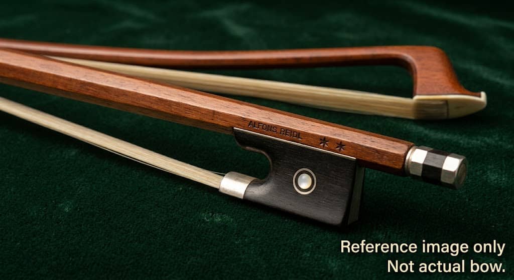 Stolen vintage Alfons Reidl 2-star viola bow missing from Cabot, Arkansas." and "Close-up details of the dark octagonal Alfons Reidl Master Model viola bow.