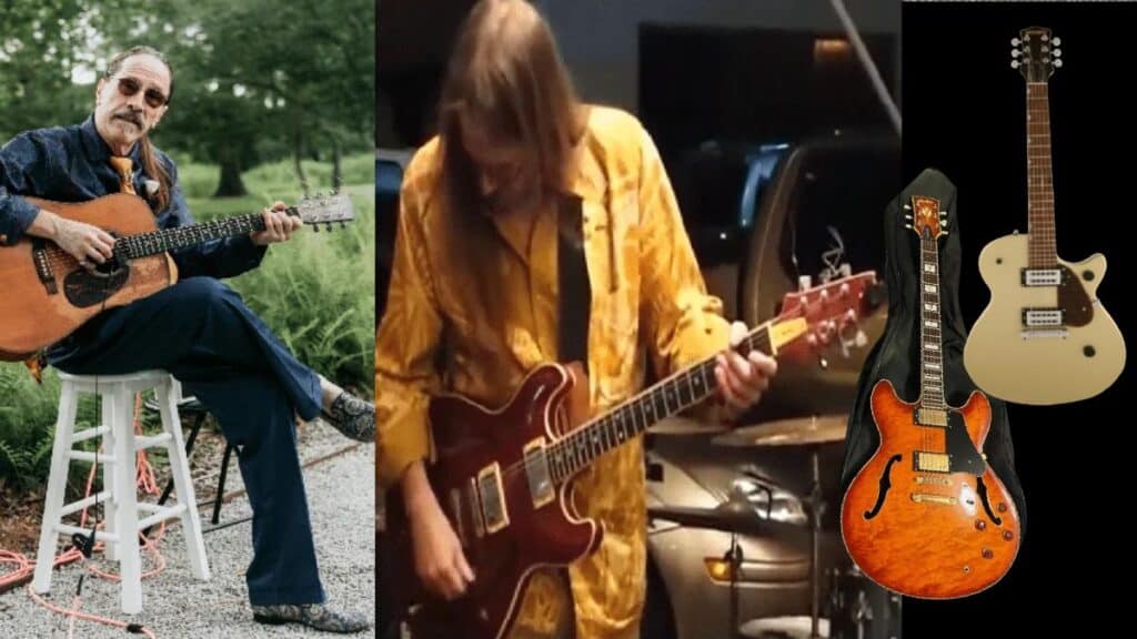 Stolen guitars from Baton Rouge burglary: 1971 Alvarez-Yairi DY-77 acoustic, cherry red Aria Pro II TA-70, bird's-eye maple Vester Mod 800, and vintage white Gretsch Streamliner Jet Club.