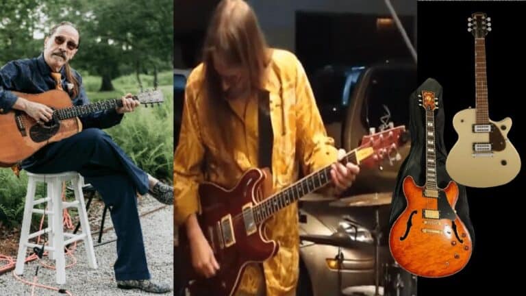 Stolen guitars from Baton Rouge burglary: 1971 Alvarez-Yairi DY-77 acoustic, cherry red Aria Pro II TA-70, bird's-eye maple Vester Mod 800, and vintage white Gretsch Streamliner Jet Club.