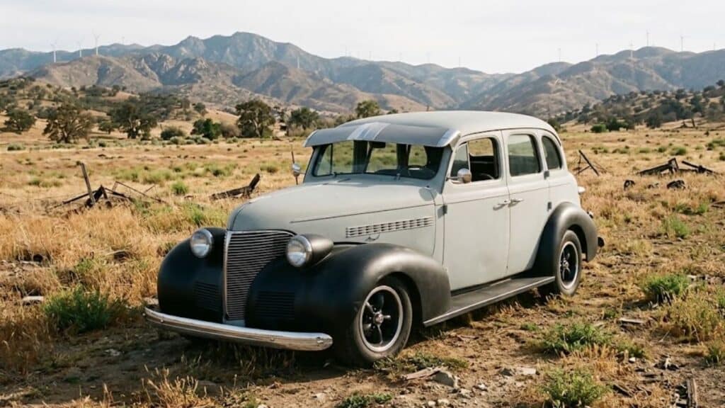 Stolen 1939 Chevrolet Master Deluxe 4-door sedan (VIN 9JB0615692) in primer gray with black fenders and exterior windshield sun visor.